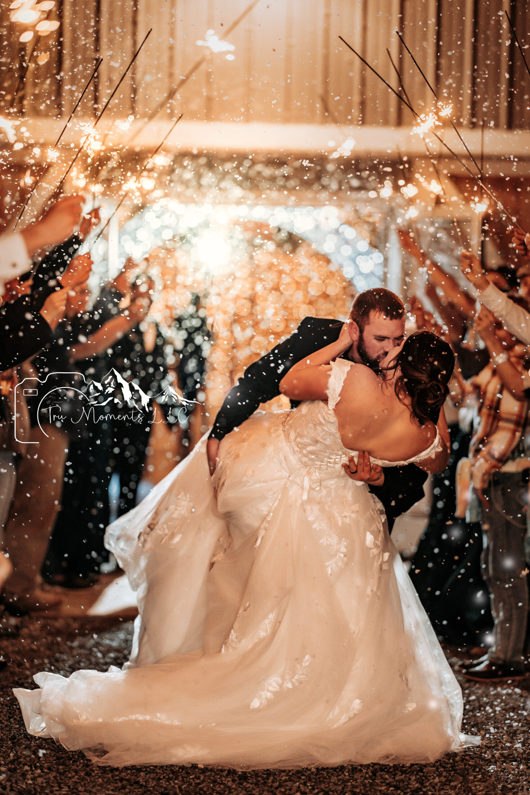 Newly wedded couple kissing